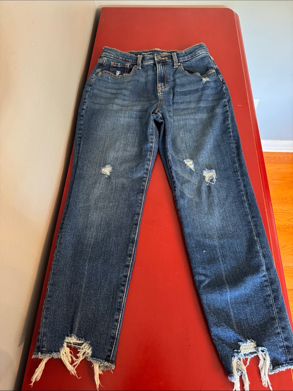 OLD NAVY TEEN GIRL DARK WASH JEANS SZ 14, HIGH RISE O.G. STRAIGHT, DISTRESSED